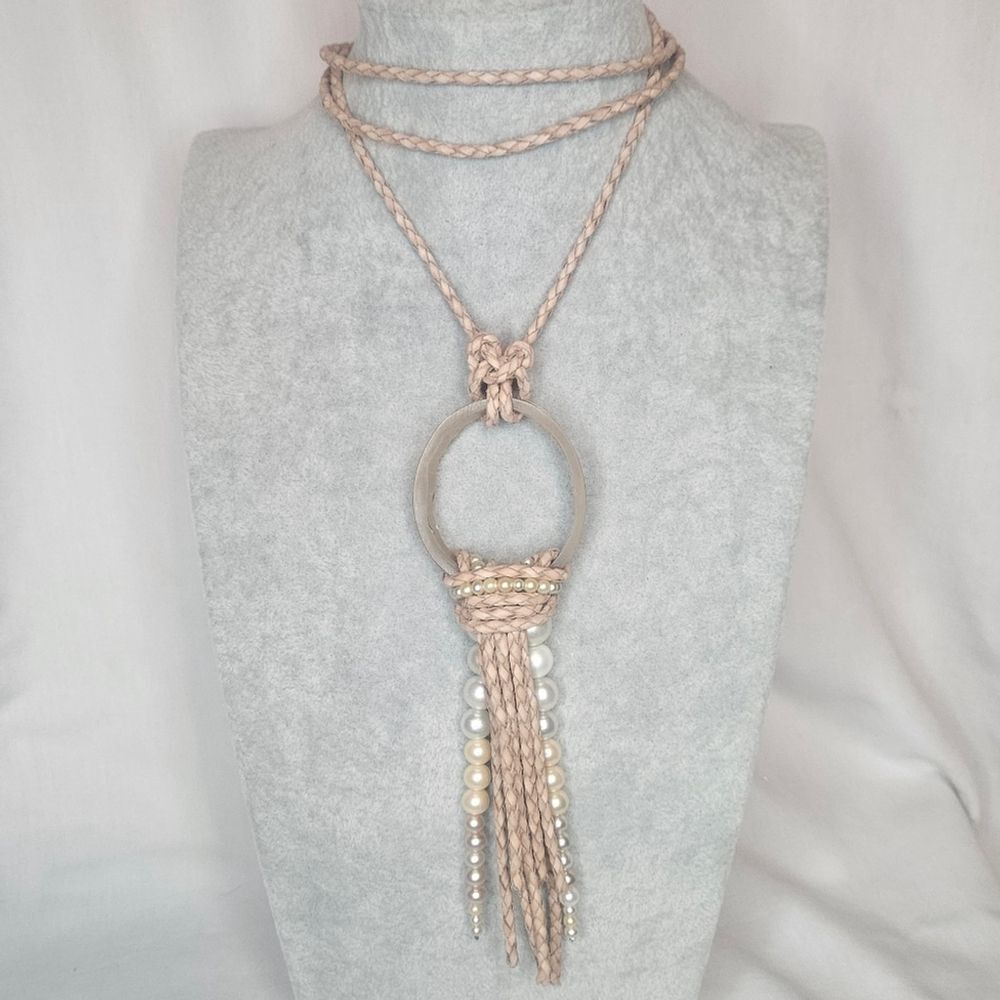 Handmade Leather Horn Ring Vintage Pearl Lariat Wrap Tassel Necklace Long